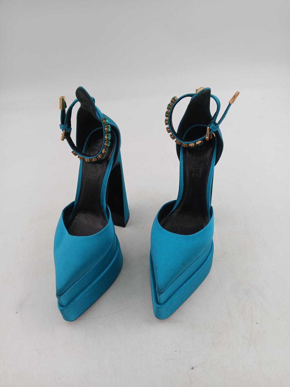 Versace Medusa Aevitas Shoes Womens Size 5 Blue Platform Ankle Strap Heels Italy